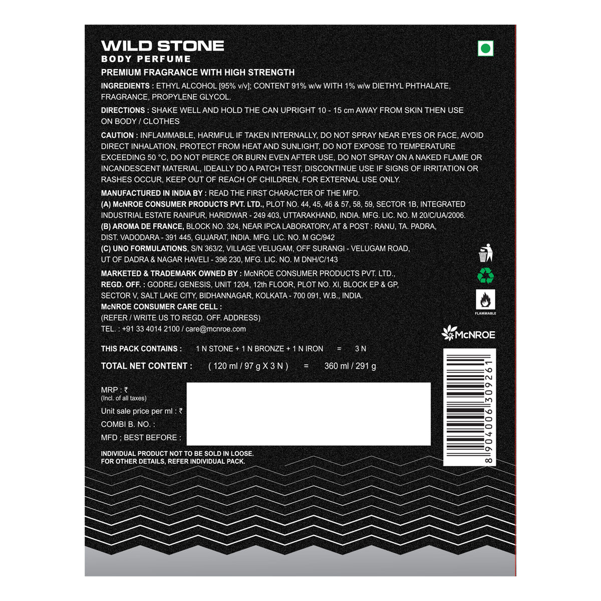 Wild Stone Iron, Bronze and Stone Perfume Body Spray - For Men (360 ml, Pack of 3)