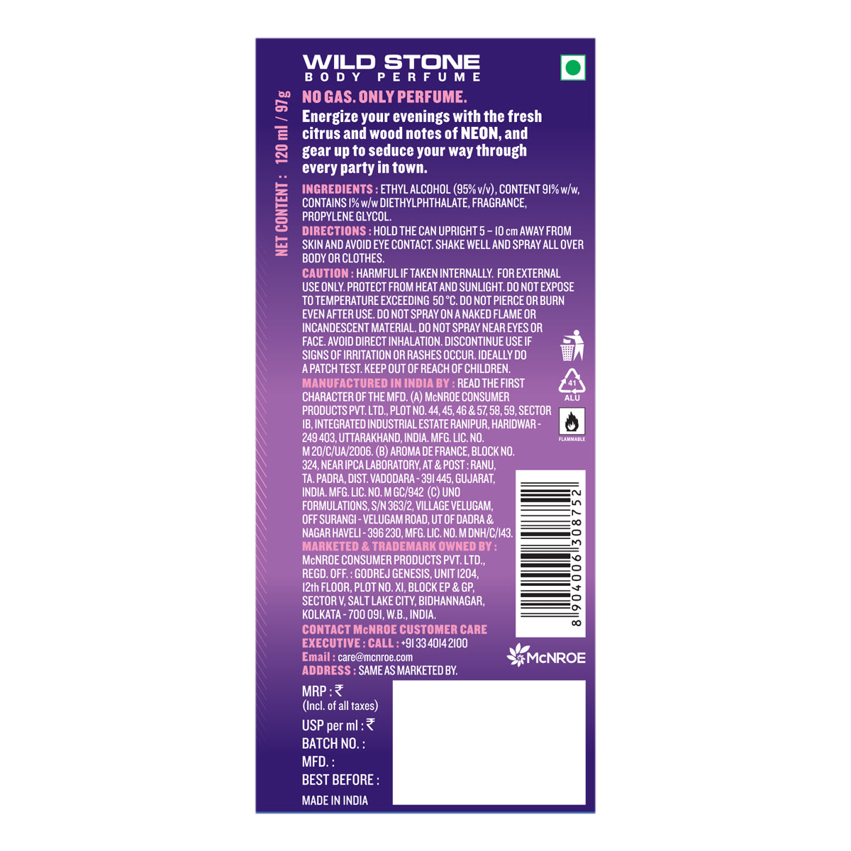 Wild Stone Intense Neon No Gas Deodorant, Pack of 2 (120ml each)