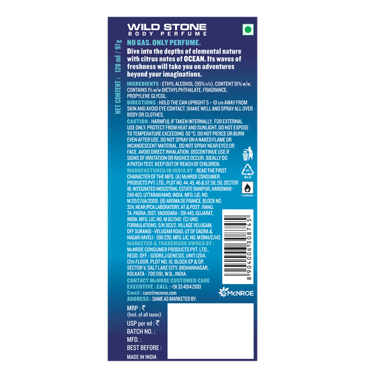 Wild Stone Intense Ocean No Gas Deodorant, Pack of 2 (120ml each)