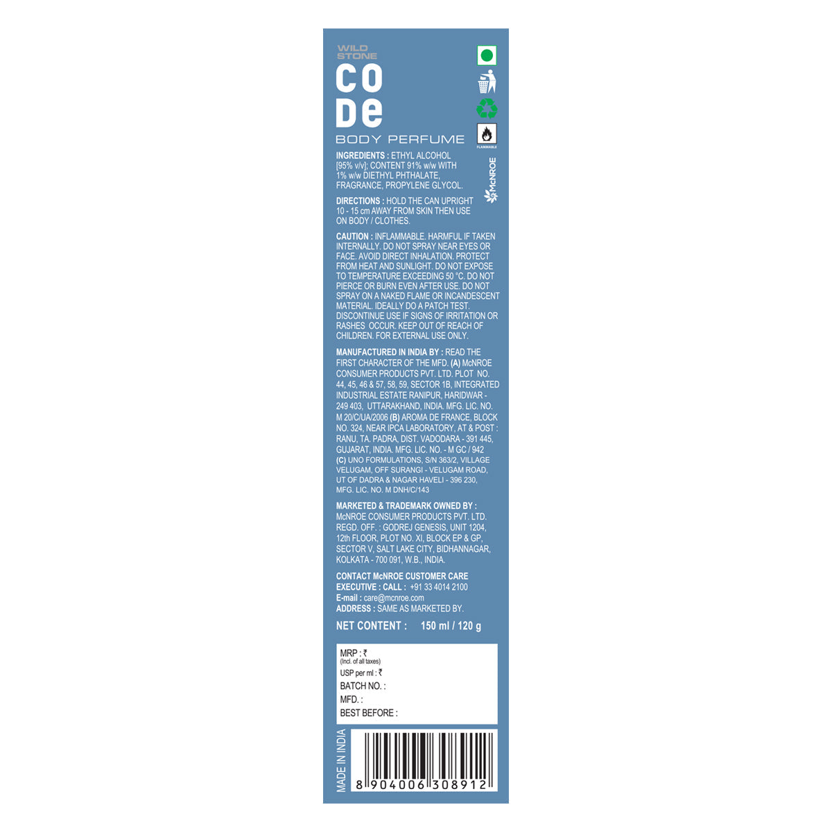CODE Steel Body Perfume for Men, Pack of 2 (150ml each)