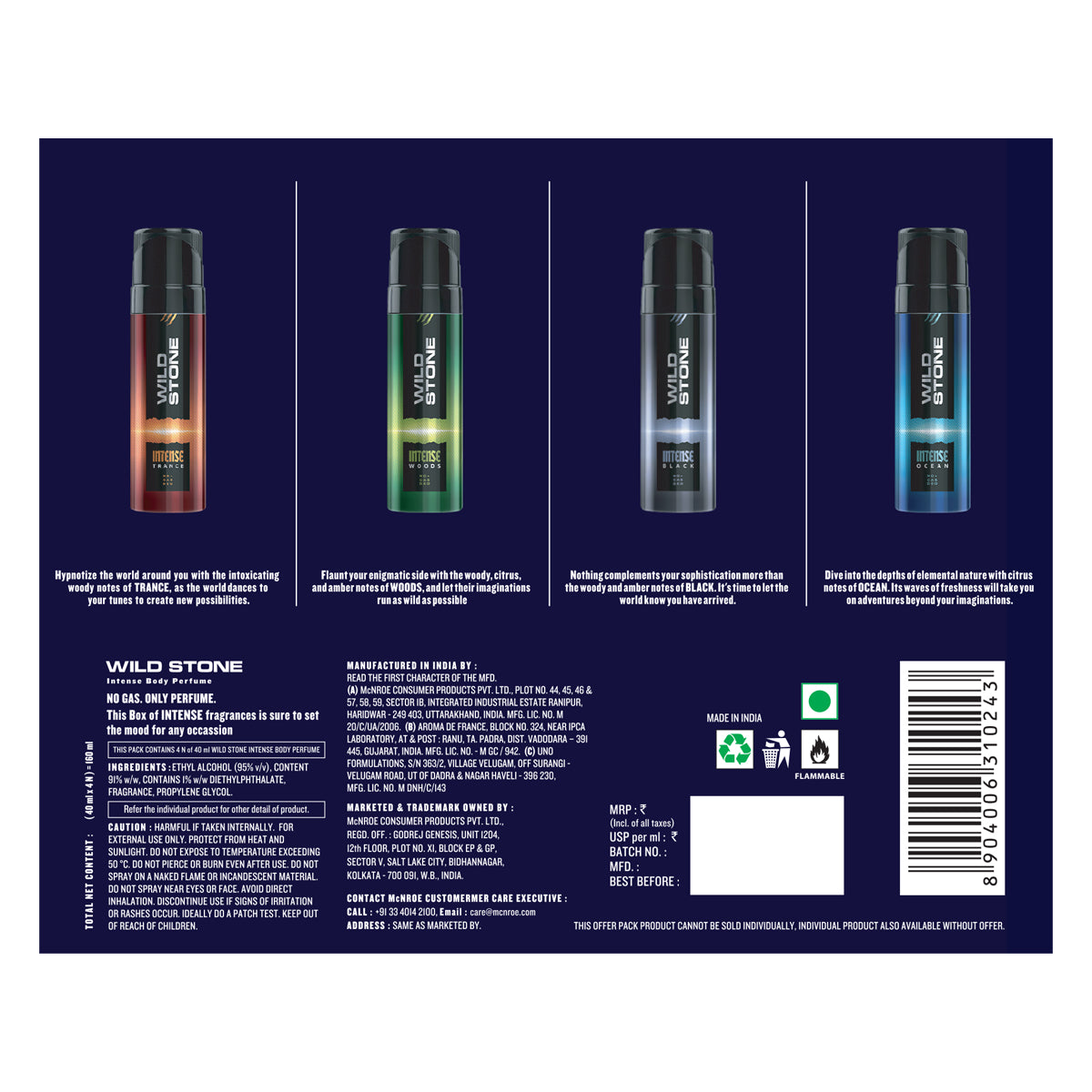 Wild Stone Intense No Gas Deodorant Travel Pack with Black, Ocean, Trance and Wood Mini Deodorants for Men, Pack of 4 (40ml each)