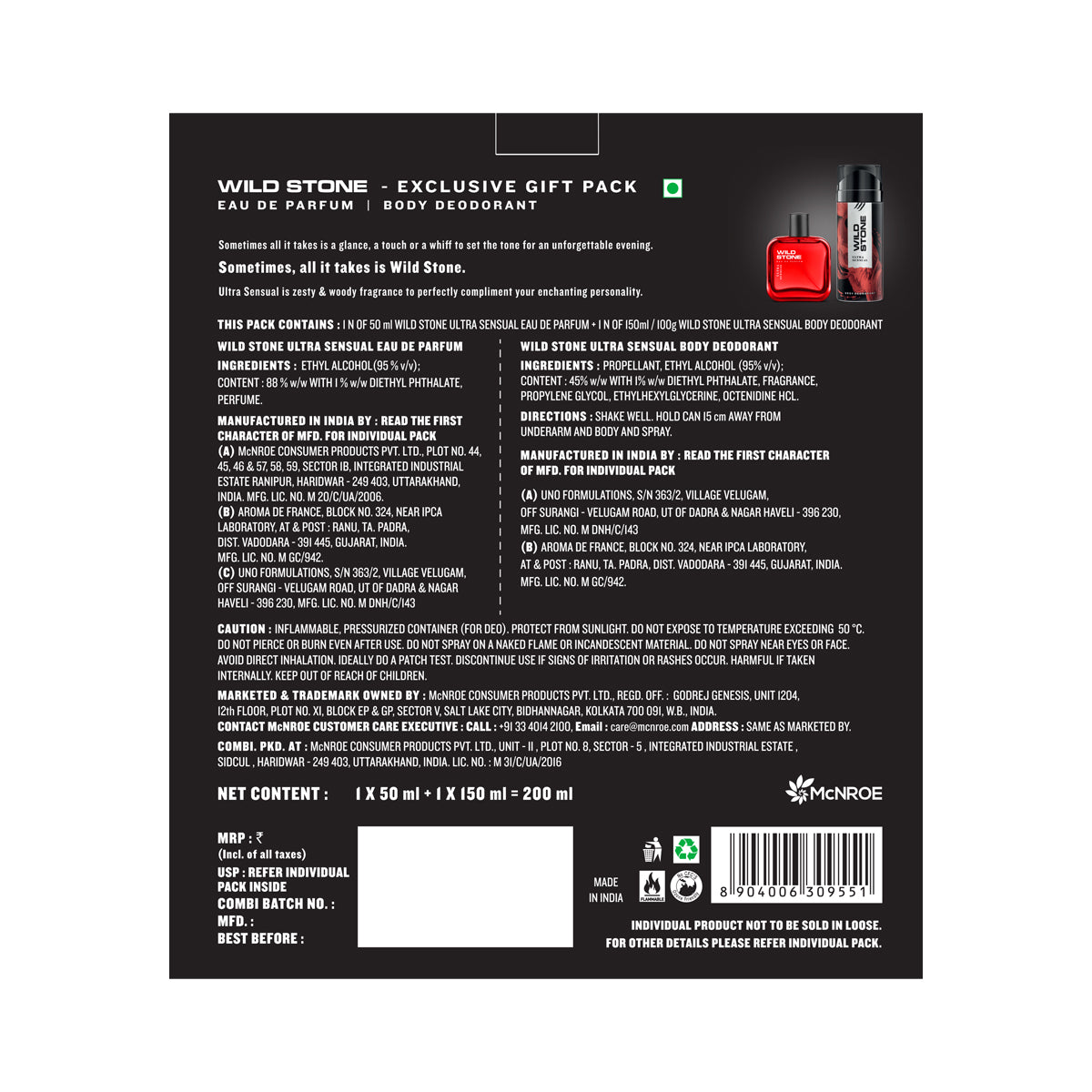 Wild Stone Ultra Sensual Fragrance Combo for Men (Perfume - 50 ml & Deodorant -150 ml)