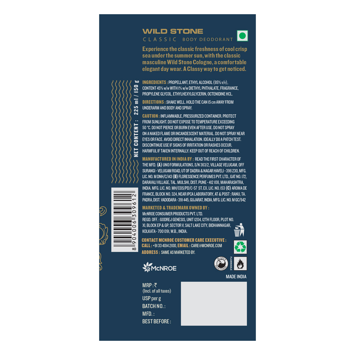 Wild Stone Classic Cologne 225ml & Forest Spice Deodorant 150ml , Pack of 2