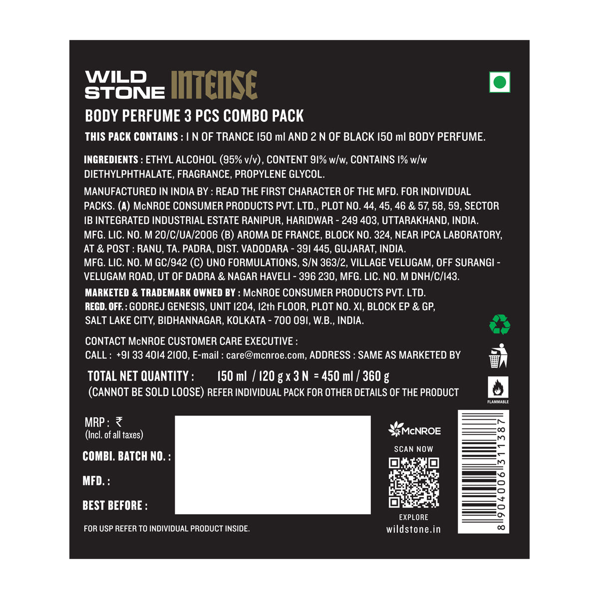 Wild Stone Intense Black and Trance No Gas Deodorant Gift Set for Men, Pack of 3 (150ml each)