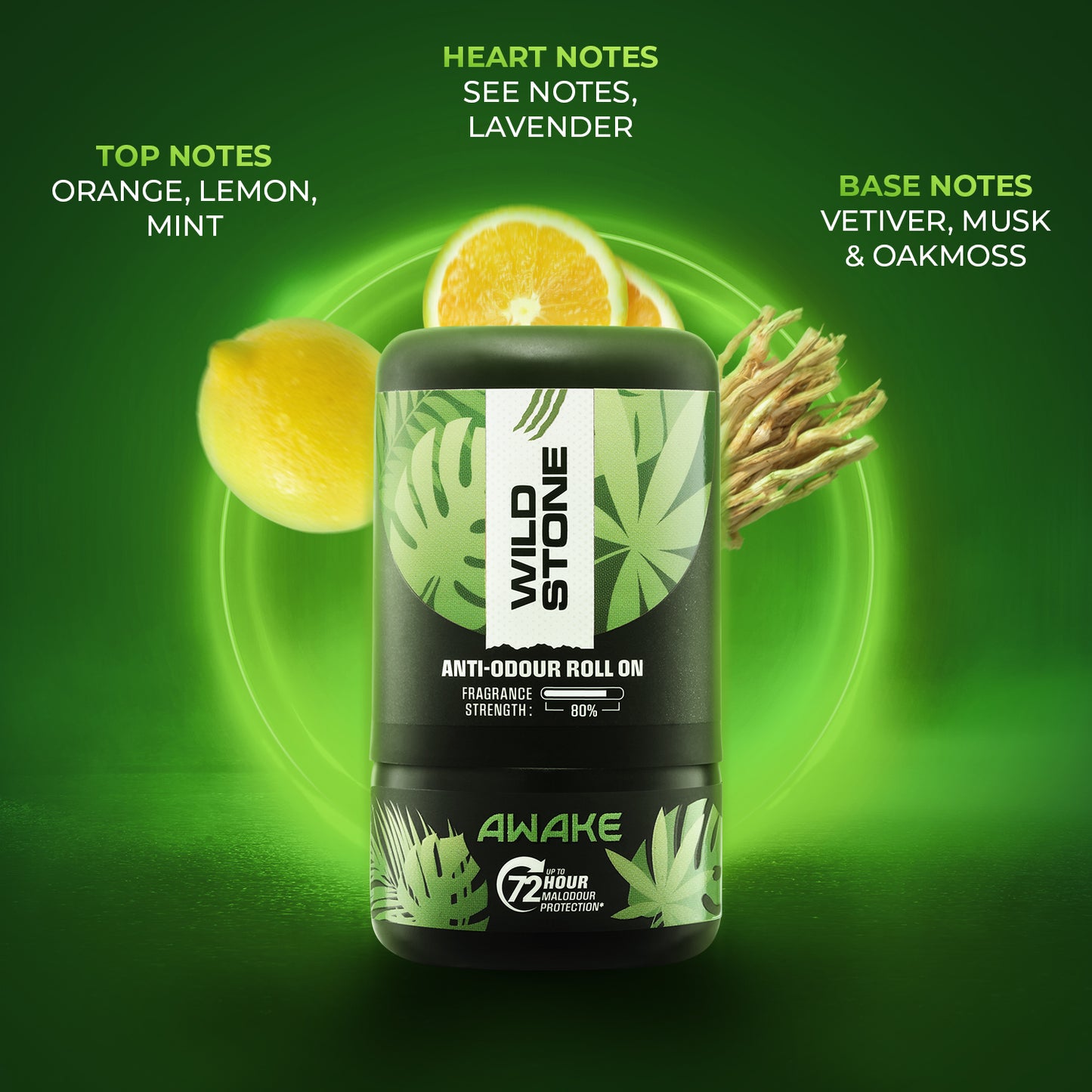 Wild Stone Awake Anti-Odour Roll On For Men, 50ml | Up to 72-Hour Odour Control | Enriched with Matcha tea and chamomile tea |Skin Friendly & Itch Free Deodorant Roll On | Long-Lasting Freshness