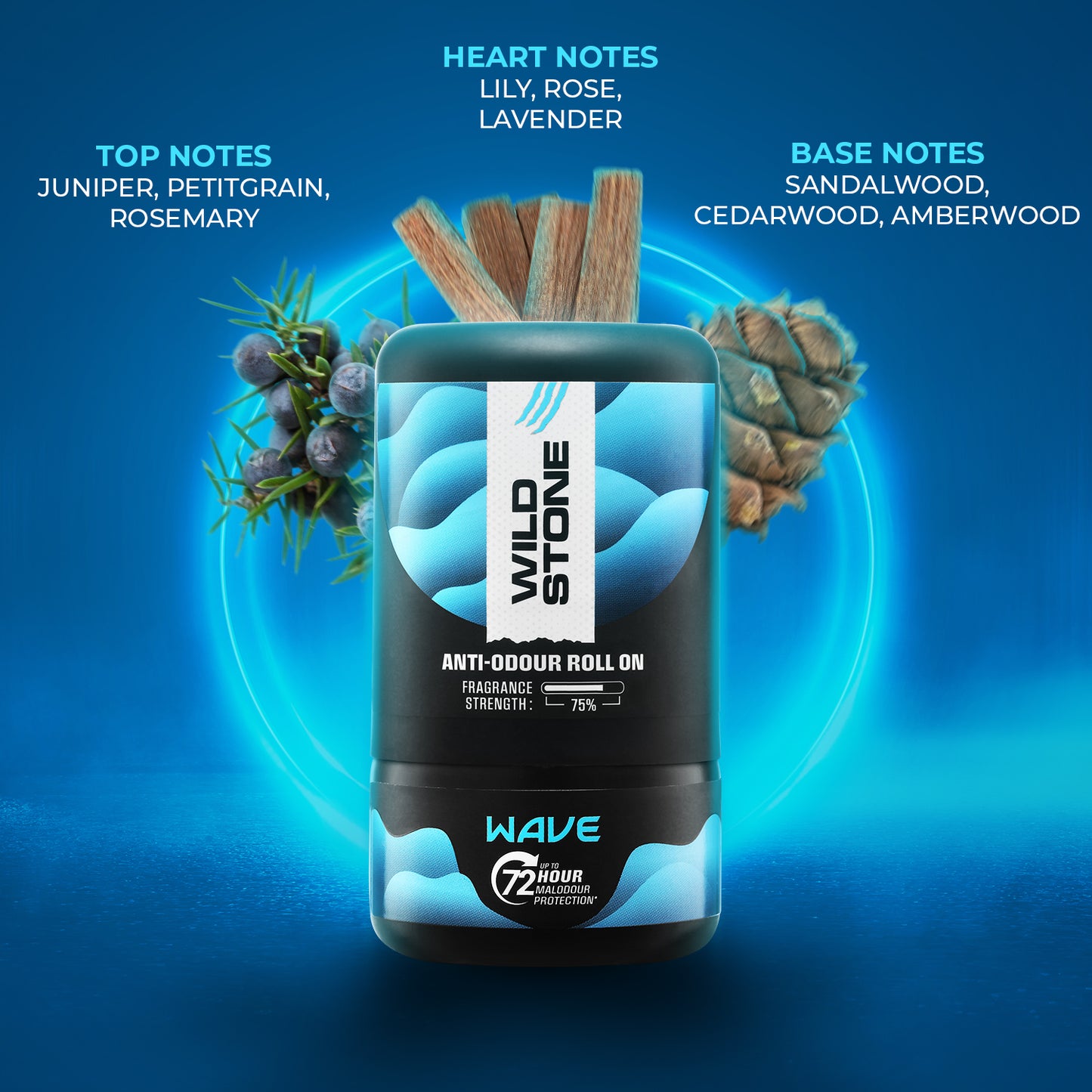 Wild Stone Wave Anti-Odour Roll On For Men, 50ml | Up to 72-Hour Odour Control | With Sea Minerals & Niacinamide | Skin Friendly & Itch Free Deodorant Roll On | Long-Lasting Freshness