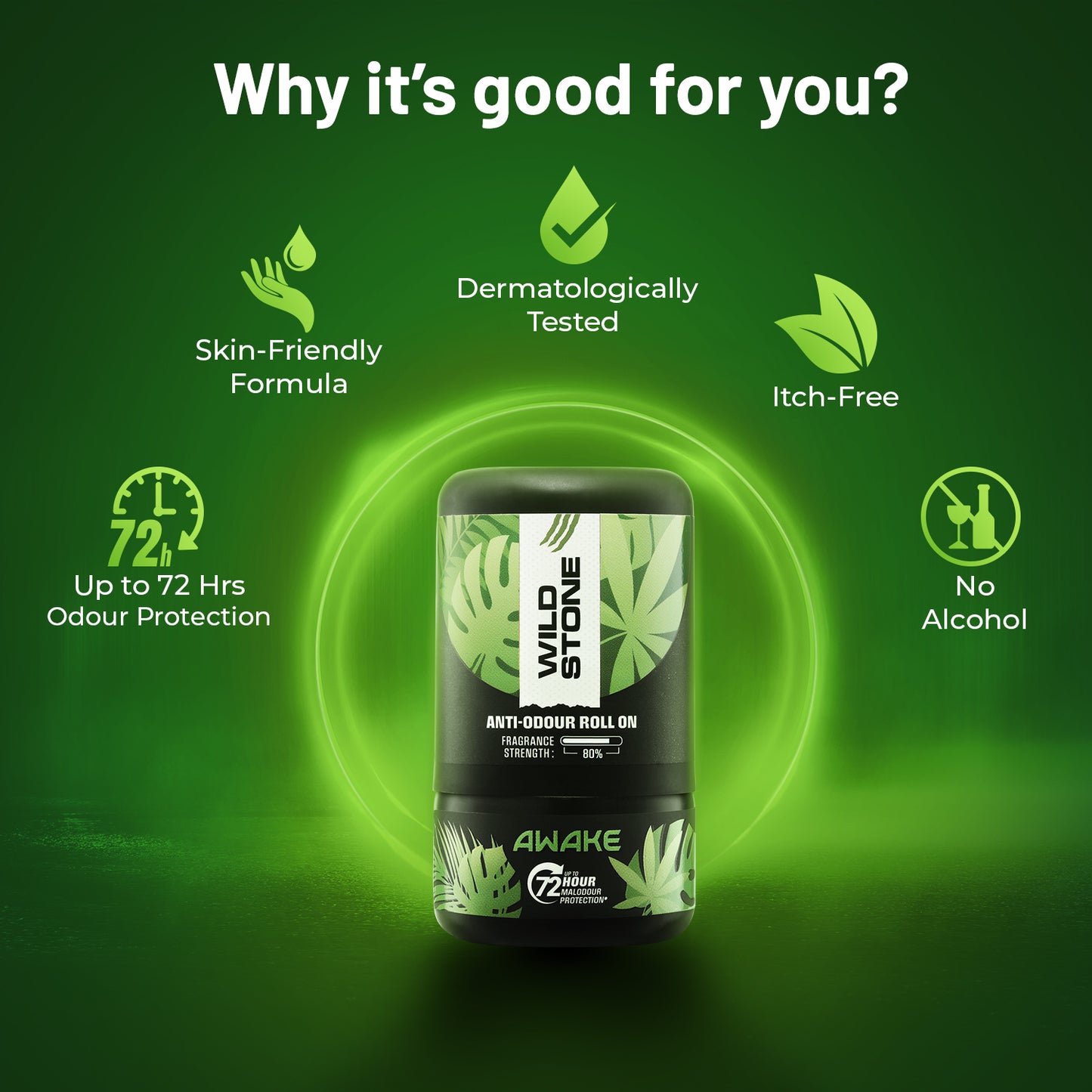 Wild Stone Awake Anti-Odour Roll On For Men, 50ml | Up to 72-Hour Odour Control | Enriched with Matcha tea and chamomile tea |Skin Friendly & Itch Free Deodorant Roll On | Long-Lasting Freshness