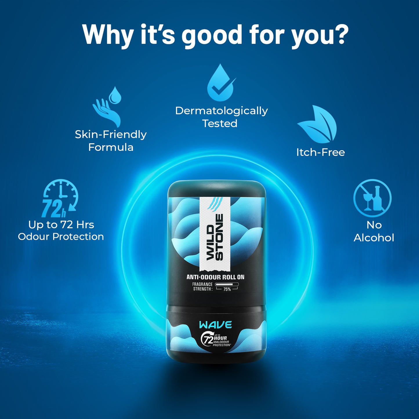 Wild Stone Wave Anti-Odour Roll On For Men, 50ml | Up to 72-Hour Odour Control | With Sea Minerals & Niacinamide | Skin Friendly & Itch Free Deodorant Roll On | Long-Lasting Freshness