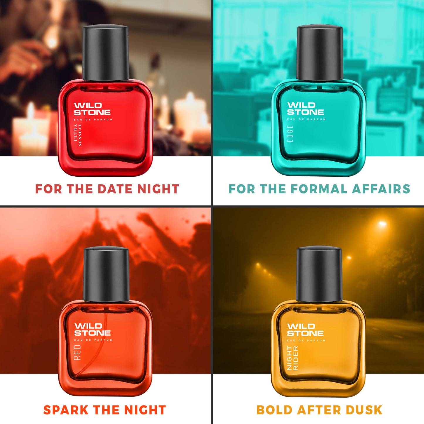 Wild Stone Edge, Night Rider, red and Ultra Sensual Perfume Combo for Men, Long Lasting Smell | Pack of 4 (30ml each)