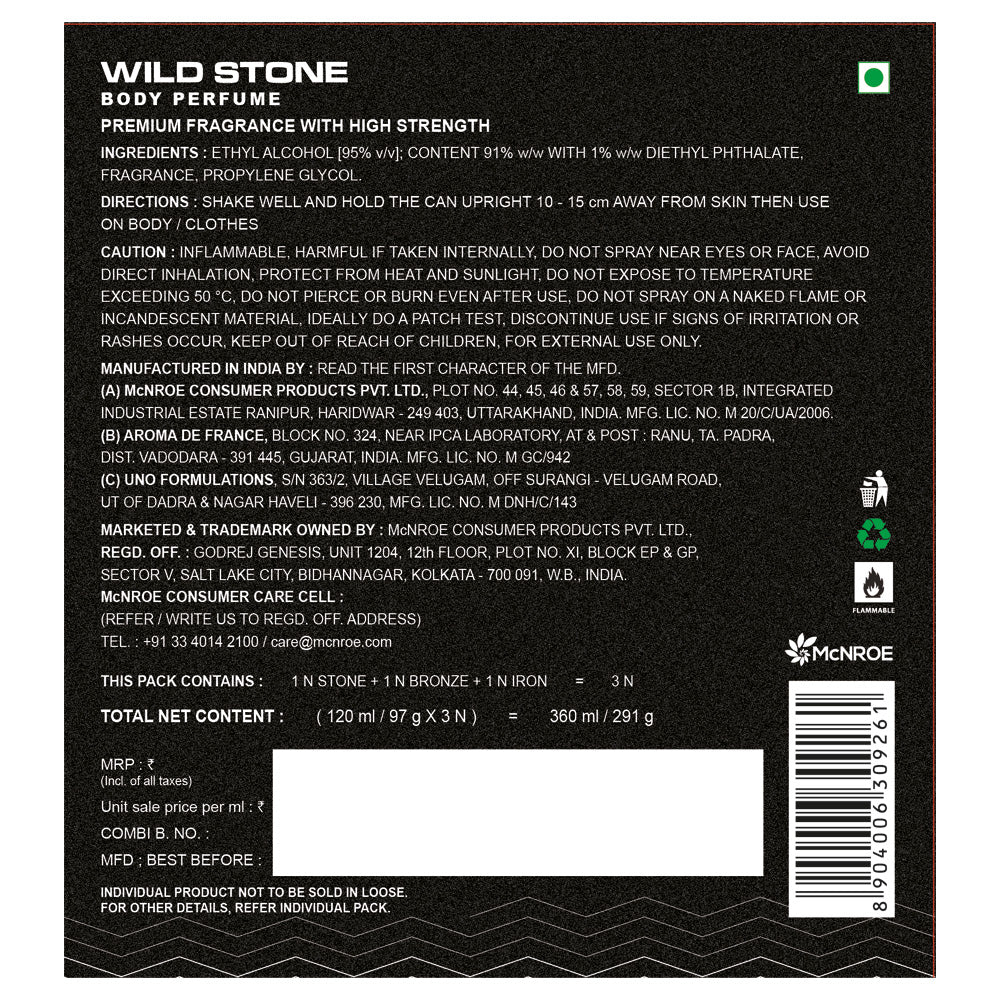 Wild Stone Iron, Bronze and Stone Perfume Body Spray - For Men  (360 ml, Pack of 3)