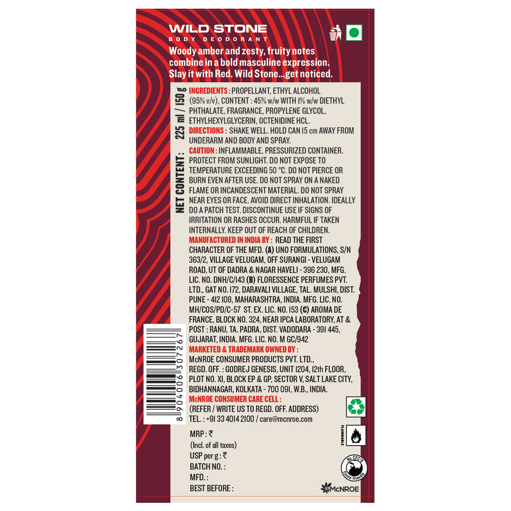 Wild Stone Red Deodorant 225 ml each (Pack of 2)