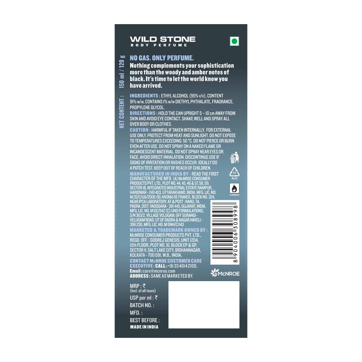 Wild Stone Intense Black No Gas Deodorant, 150ml