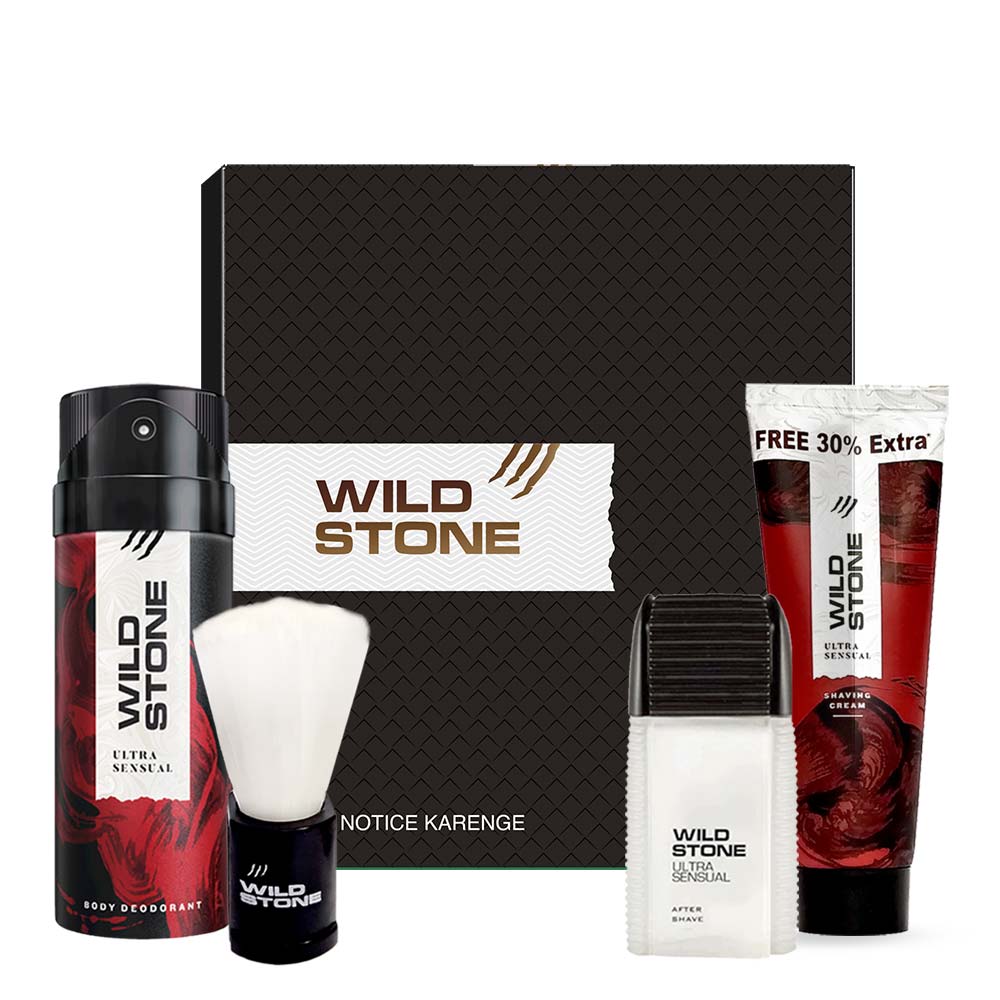 Wild Stone Gift Pack Collection (Ultra Sensual Deodorant 150ml, After Shave Lotion 100ml, Shaving Cream 78gm and Shaving Brush)
