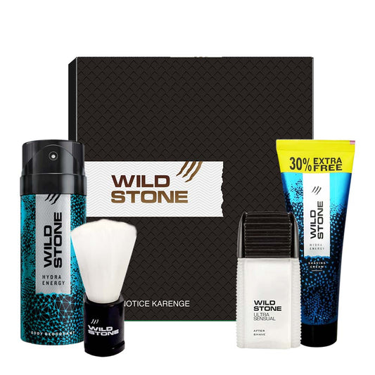 Wild Stone Gift Pack Collection (Hydra Energy Deodorant 150ml, Shaving Cream 78gm, Ultra Sensual After Shave lotion 100ml and Shaving Brush))
