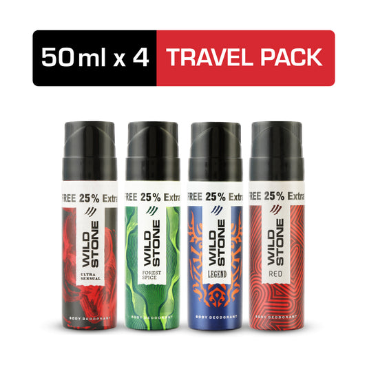 Wild Stone Forest Spice, Legend, Ultra Sensual & Red Travel Pack (50ml each) Deodorant Spray - For Men