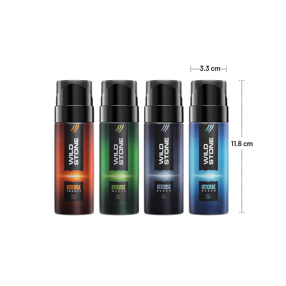 Wild Stone Intense No Gas Deodorant Travel Pack with Black, Ocean, Trance and Wood Mini Deodorants for Men, Pack of 4 (40ml each)